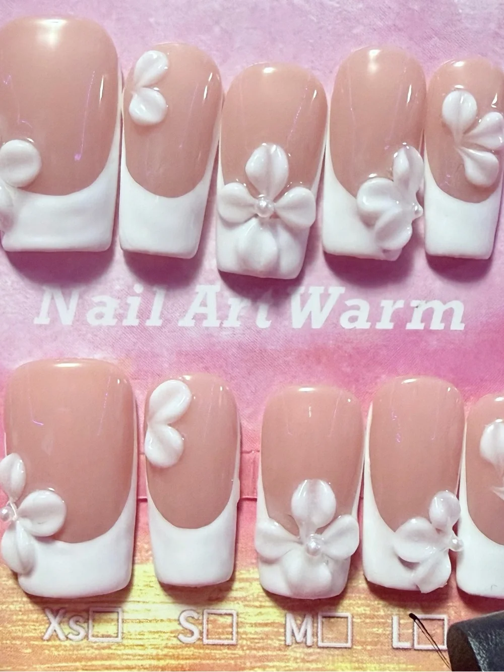 Nude & White 3D Floral French Tip Press-On Nails